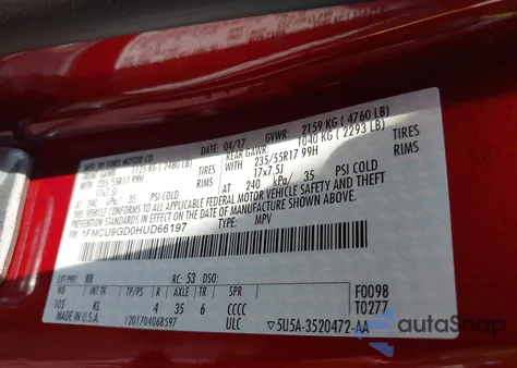 2017 Ford Escape Se from USA, damaged, VIN 1FMCU9GD0HUD66197